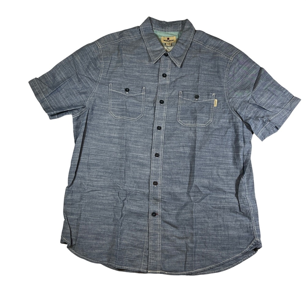 Woolrich Button Down Shirt Men XL Blue Short Sleeve Cotton Chambray Utility Work